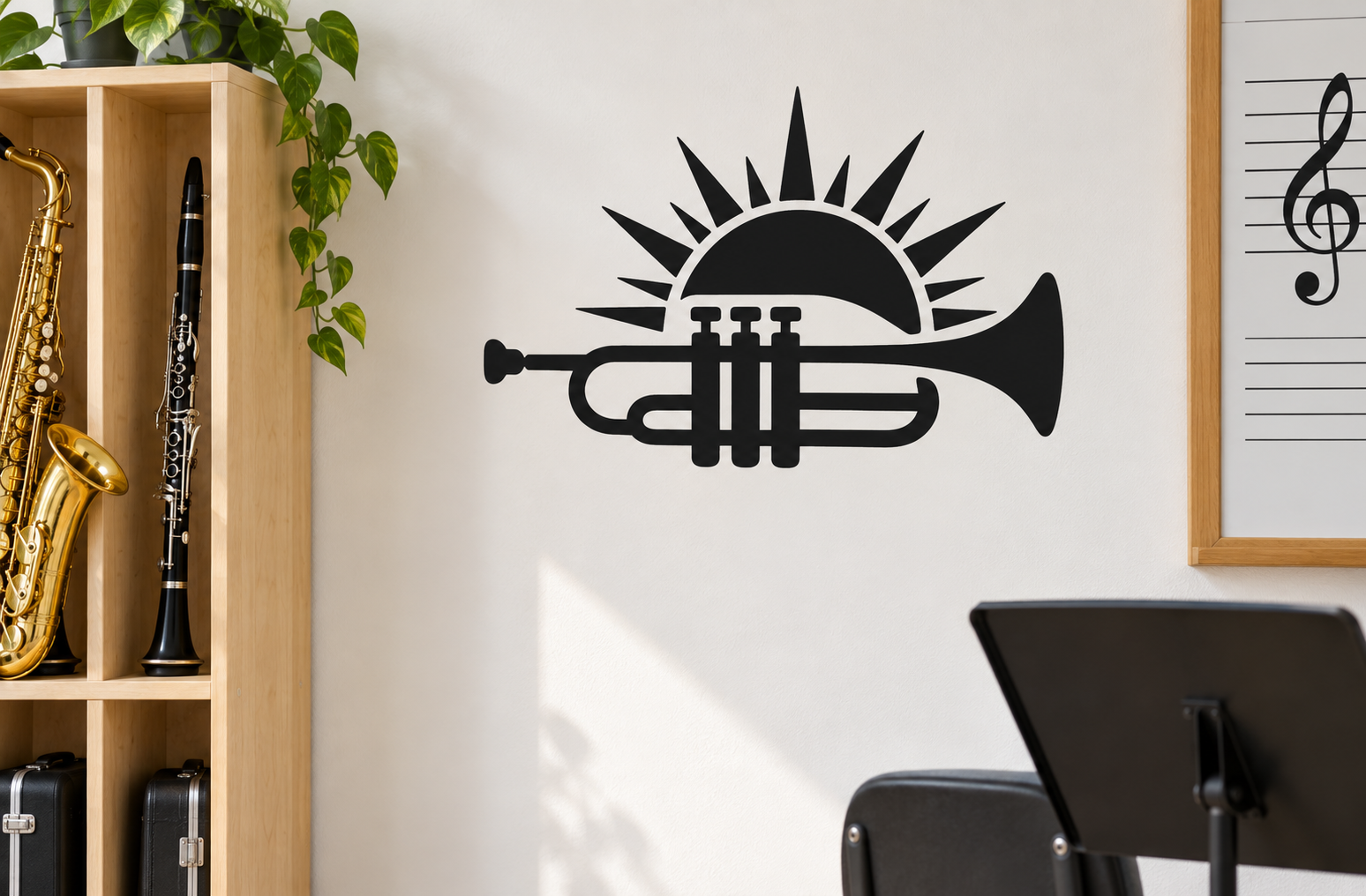 Black trumpet and sunburst vinyl decal on a wall