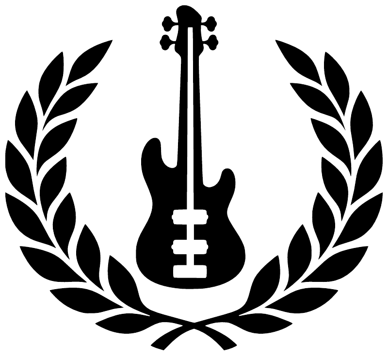 Black bass guitar vinyl decal centered with open laurel wreath on white backing