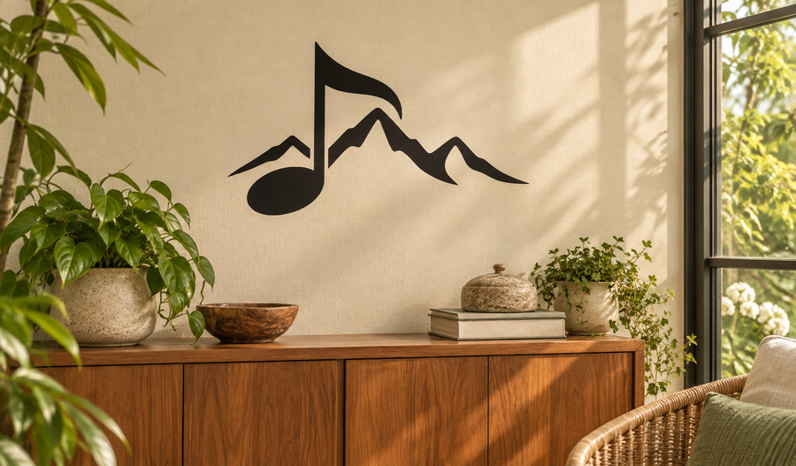 Black music note and mountain ridge vinyl wall decal