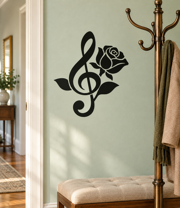 Black treble clef with rose vinyl wall decal, stylized floral leaves