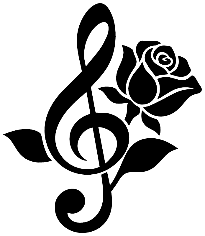 Black treble clef vinyl decal with rose and leaf swirls, bold silhouette