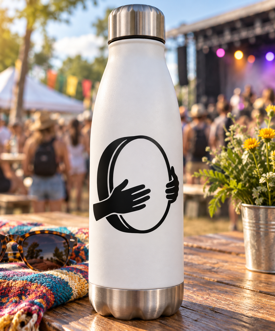 Black hand drum silhouette vinyl decal on light tumbler with silver bottom