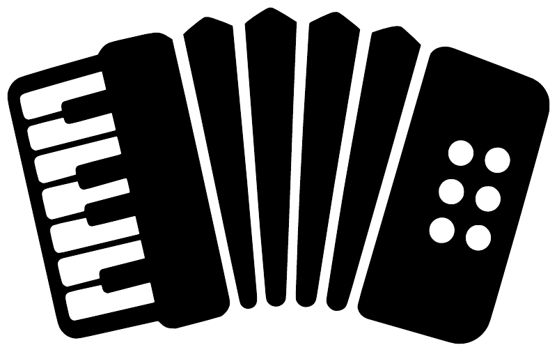 Accordion vinyl music decal with black body, white keys, and six white dots