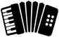 Accordion vinyl music decal with black body, white keys, and six white dots