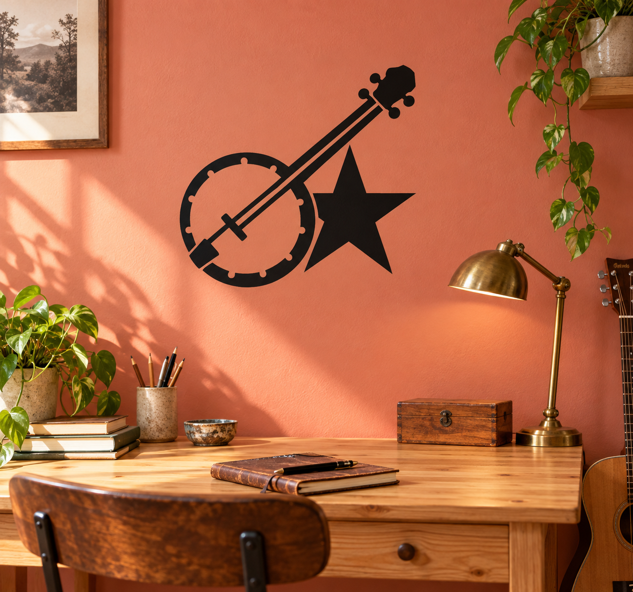 Black banjo and five-point star vinyl decal, crossed strings silhouette