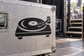 Vinyl turntable decal on metal case: black record player icon with vinyl and tonearm