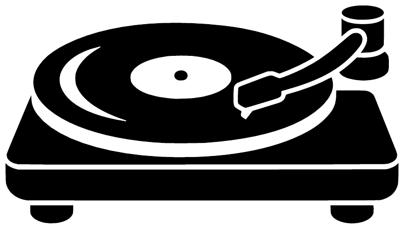 Vinyl turntable decal: black turntable graphic with record, center label, and tonearm