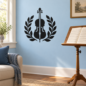 Violin and laurel vinyl wall decal, black violin with leaf wreath