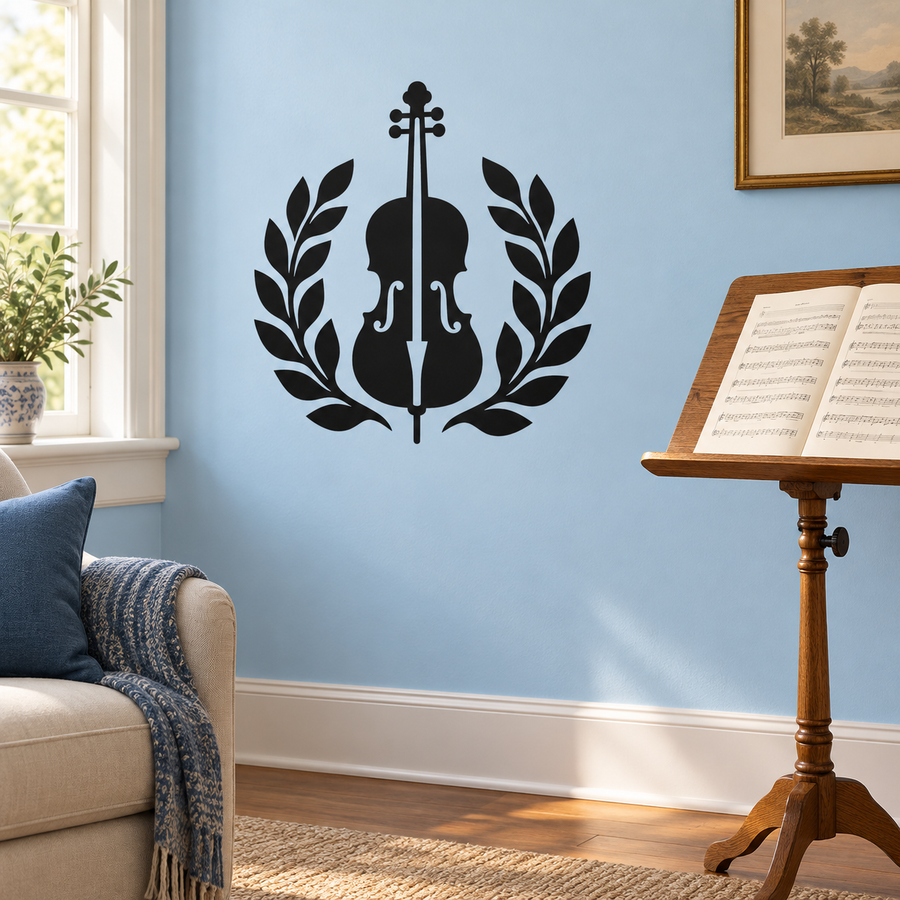 Violin and laurel vinyl wall decal, black violin with leaf wreath