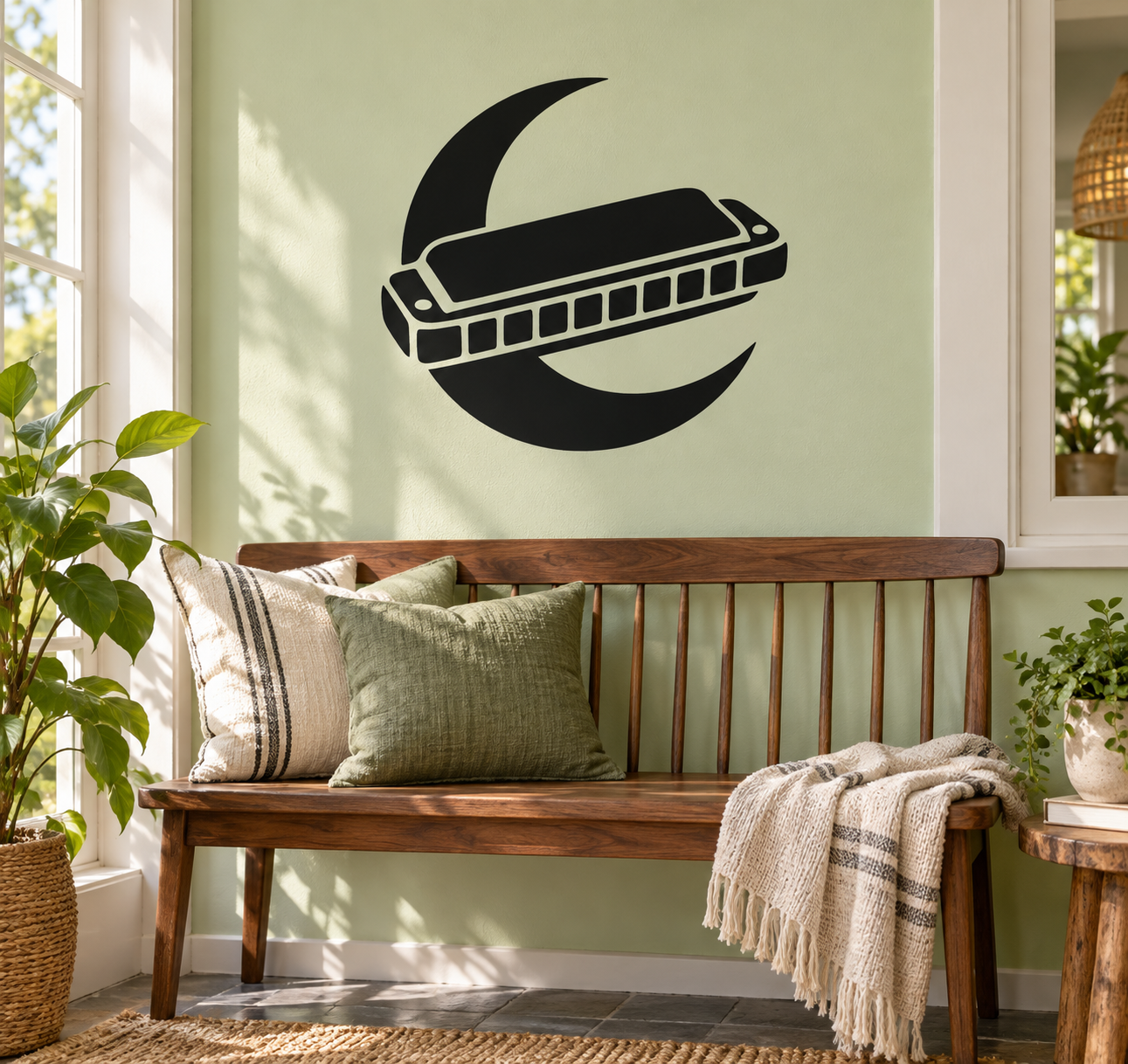 Vinyl decal of black harmonica over crescent moon
