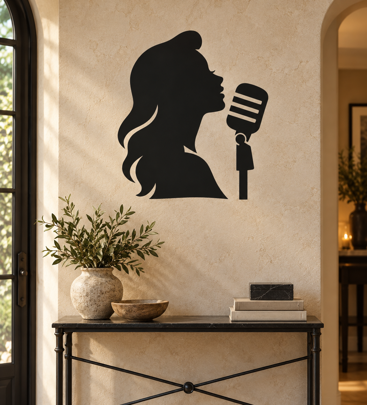 Black singer silhouette vinyl wall decal with classic microphone