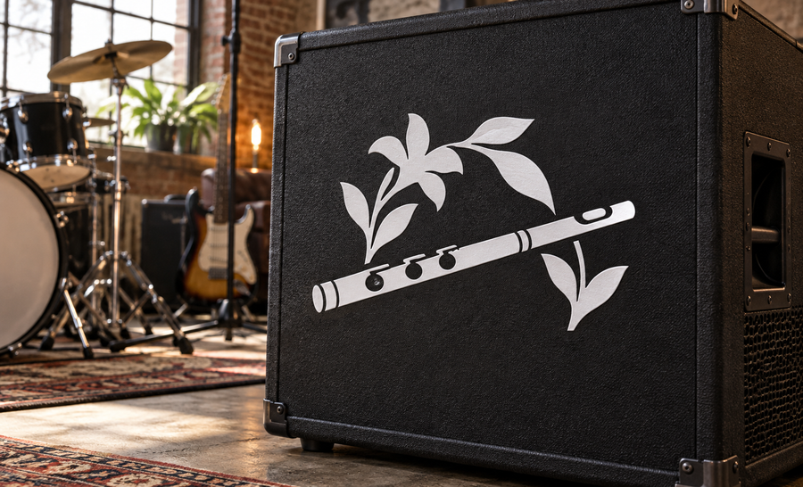 Black vinyl decal with flute and botanical arch leaves