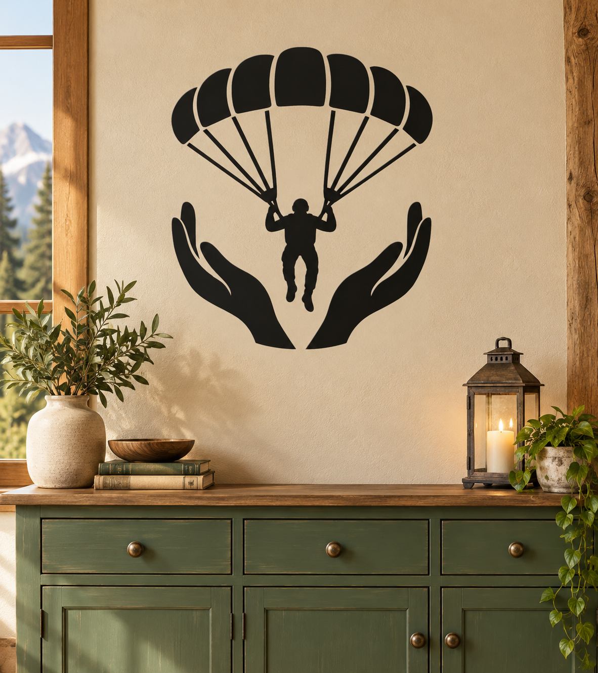 Parachute canopy vinyl decal with soldier silhouette in open hands, black design