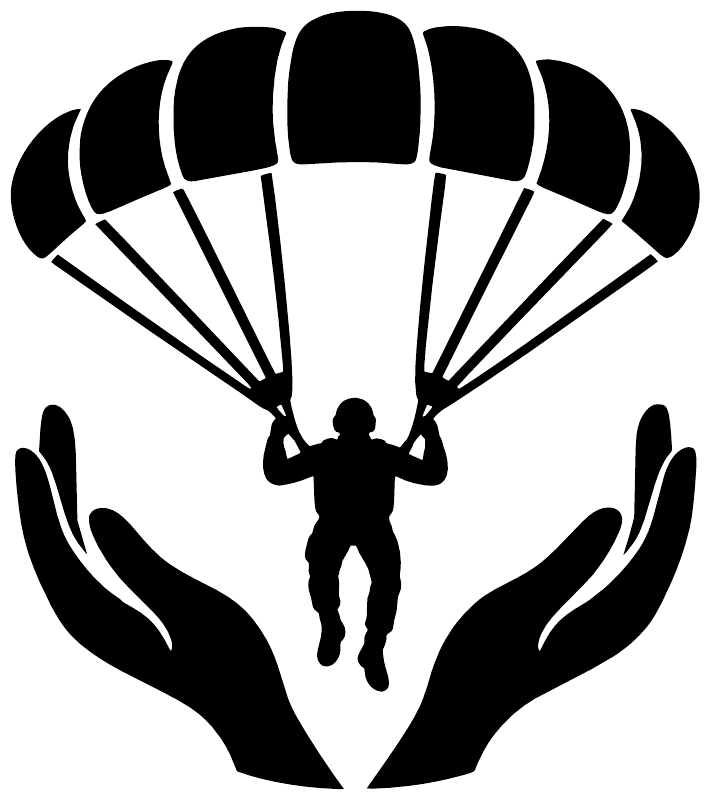 Black parachute canopy vinyl decal with parachutist and raised hands silhouette