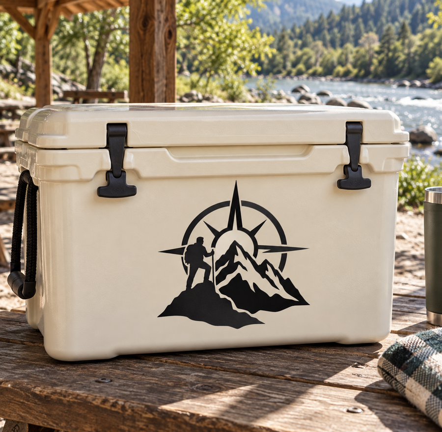 Black compass and mountain vinyl decal with soldier silhouette