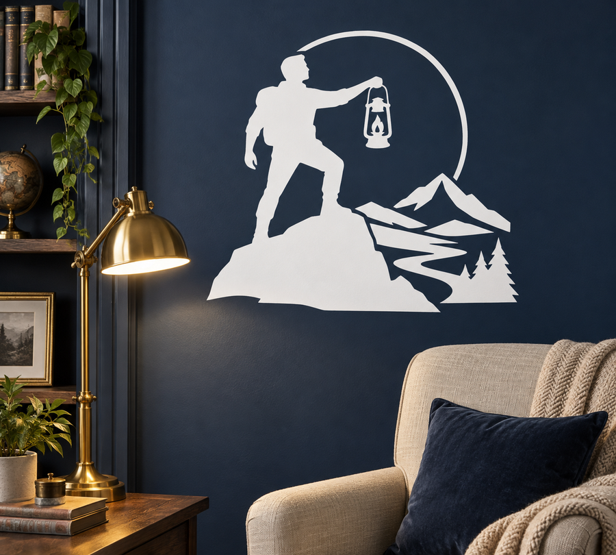 White vinyl decal of a guard holding a lantern over mountains and pine trees