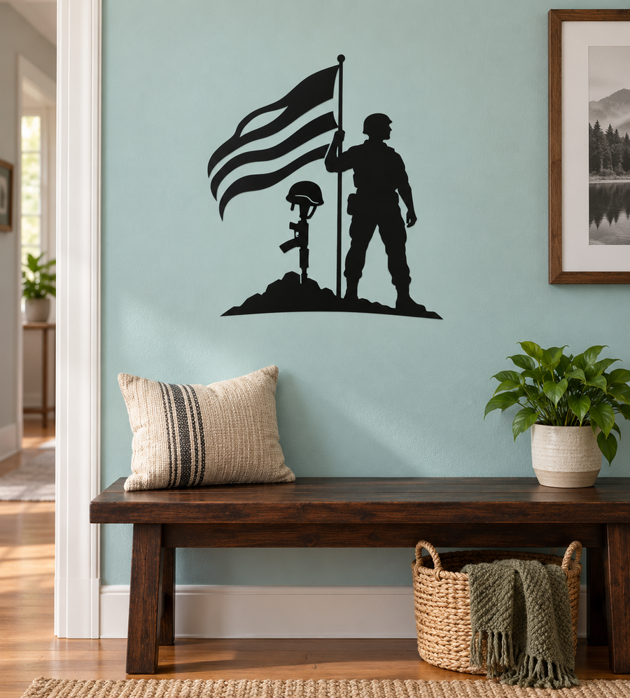 Guard flag vinyl decal with soldier silhouette, helmet, rifle, and waving flag
