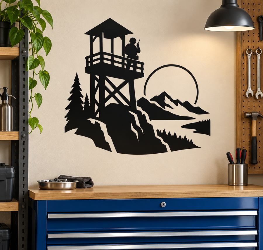 Black vinyl watchtower guard decal with full moon, mountains, and pine trees silhouette