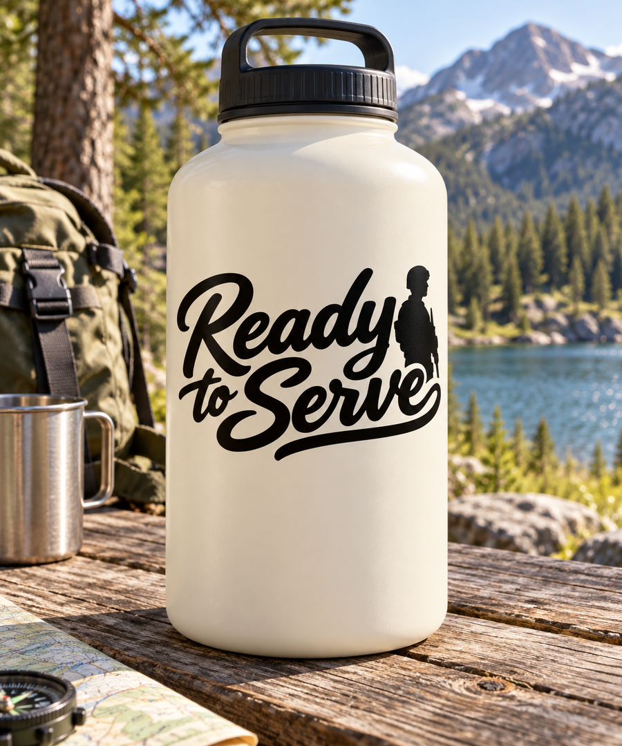 Ready to Serve vinyl decal on white water bottle with black handle cap