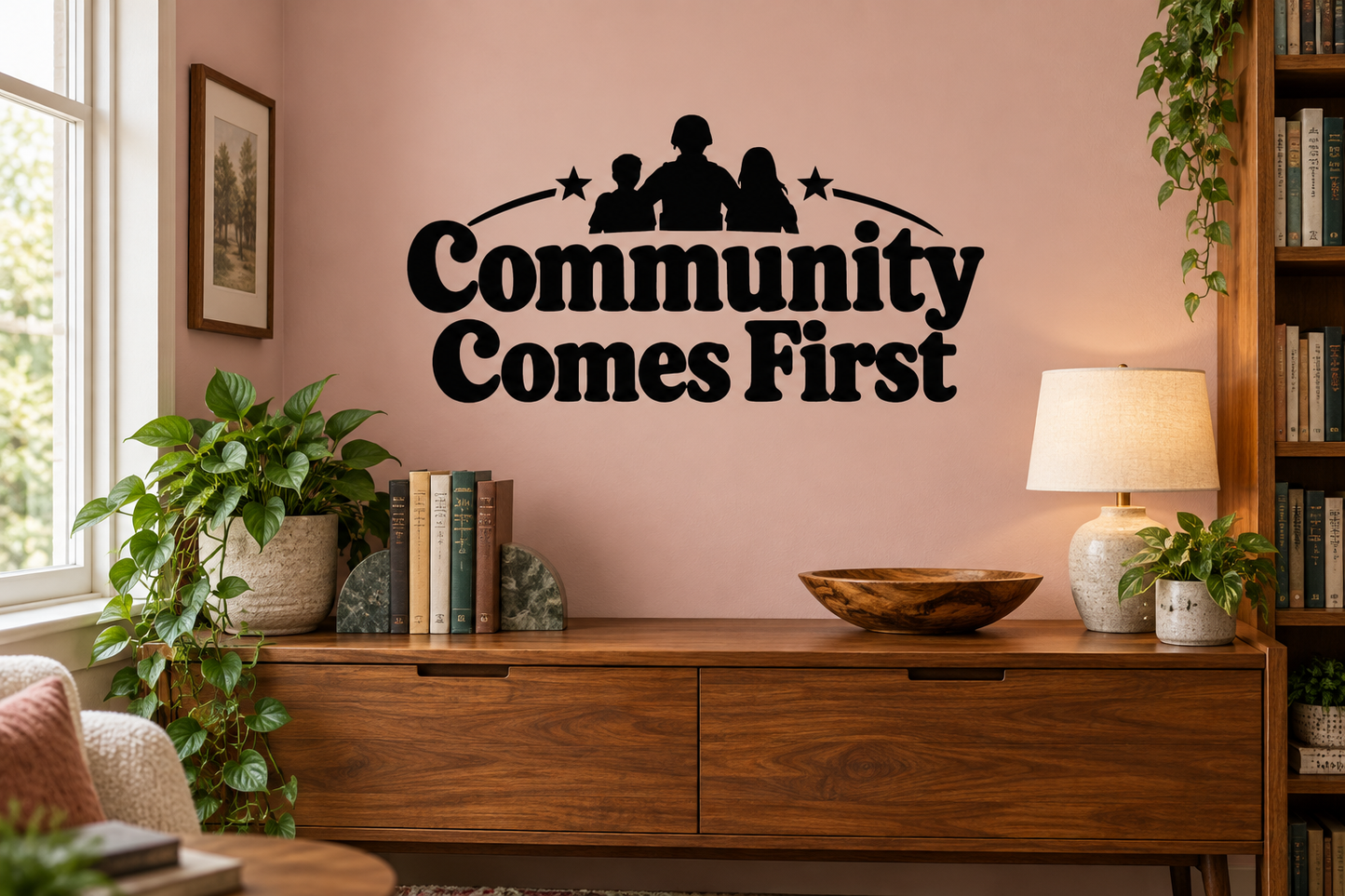 Vinyl wall decal: 'Community Comes First' arched text with family silhouettes and stars