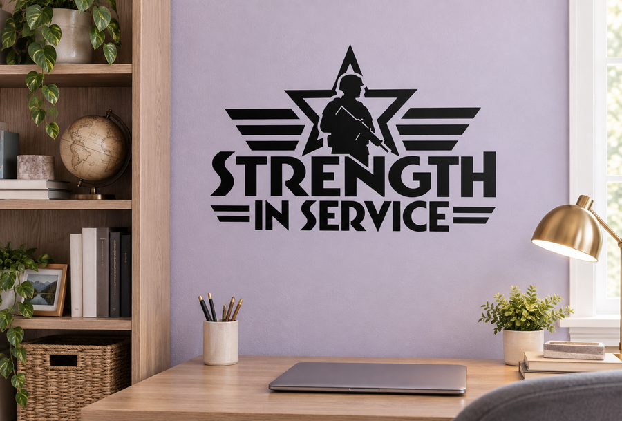 Black vinyl wall decal with soldier emblem and 'STRENGTH IN SERVICE' text