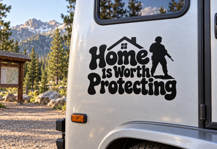 Black vinyl decal reading “Home is Worth Protecting” with house and protector figure