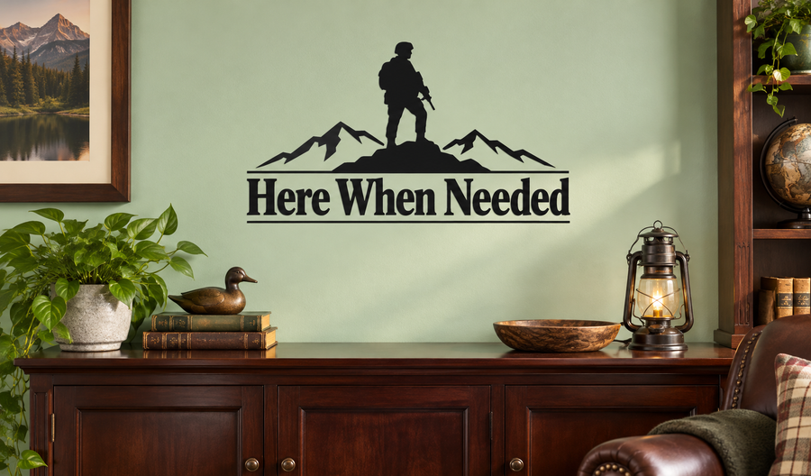 Vinyl decal with soldier silhouette, mountains, and “Here When Needed” text