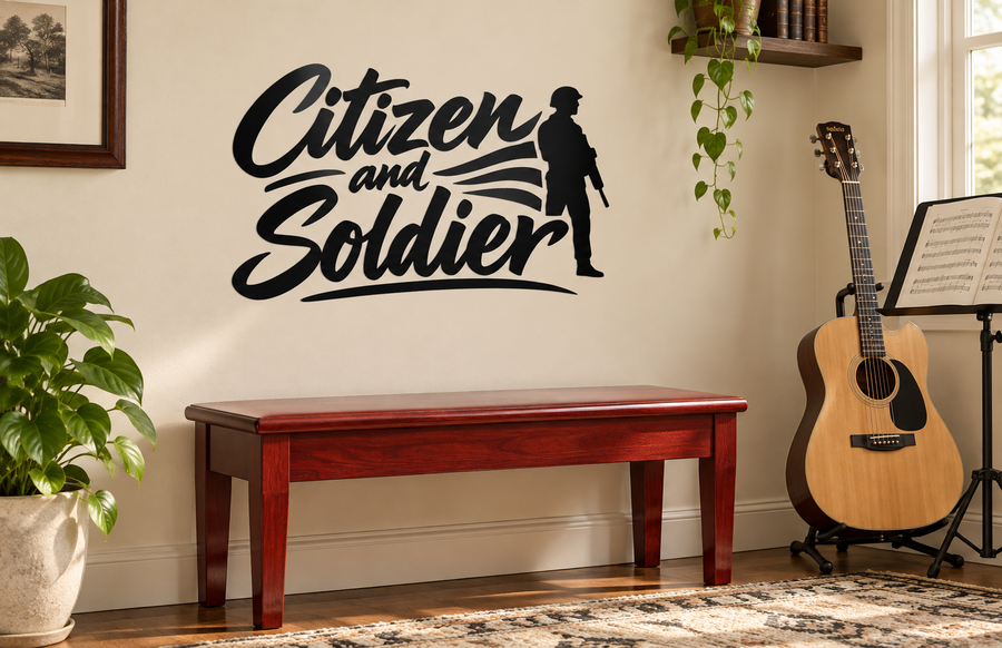 Black “Citizen and Soldier” vinyl decal with soldier silhouette