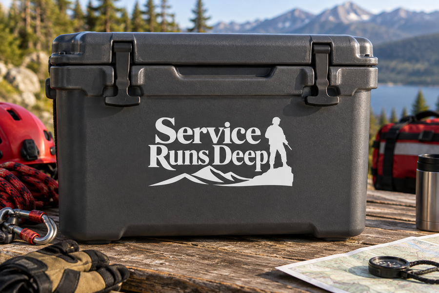Vinyl decal: Service Runs Deep text with soldier silhouette and mountain scene