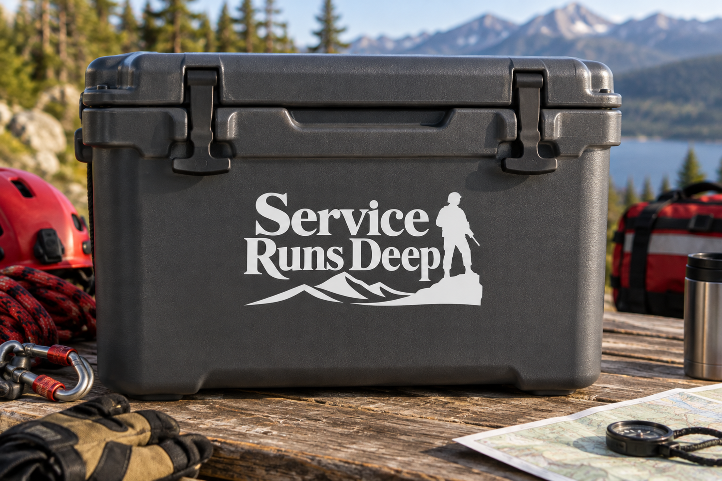 Vinyl decal: Service Runs Deep text with soldier silhouette and mountain scene