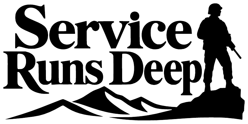 Vinyl decal text "Service Runs Deep" with soldier silhouette over mountains
