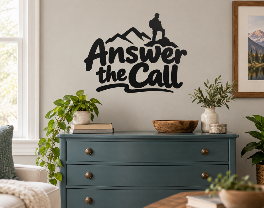 Black vinyl wall decal reading 'Answer the Call' with hiker and mountain silhouette.