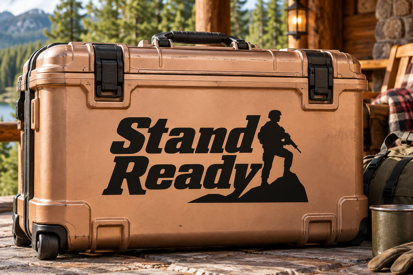 Stand Ready vinyl decal with black soldier silhouette on tan surface