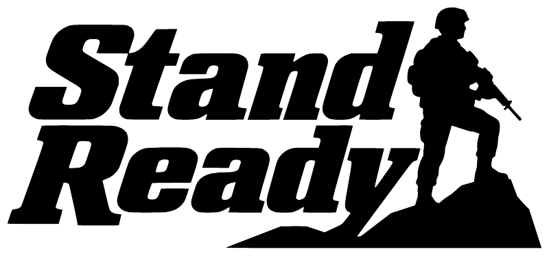 Stand Ready vinyl decal in black, bold text and soldier with rifle