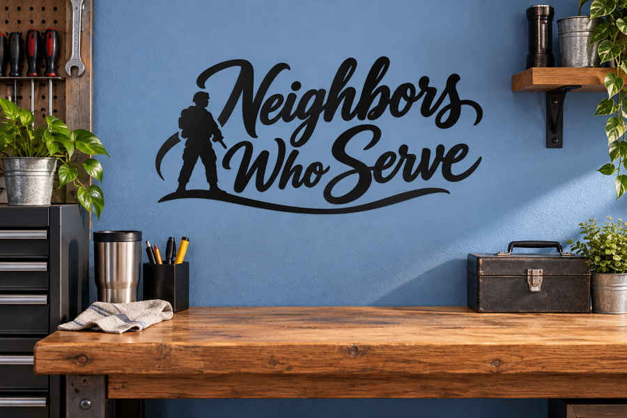 Vinyl wall decal with soldier silhouette and “Neighbors Who Serve” script lettering
