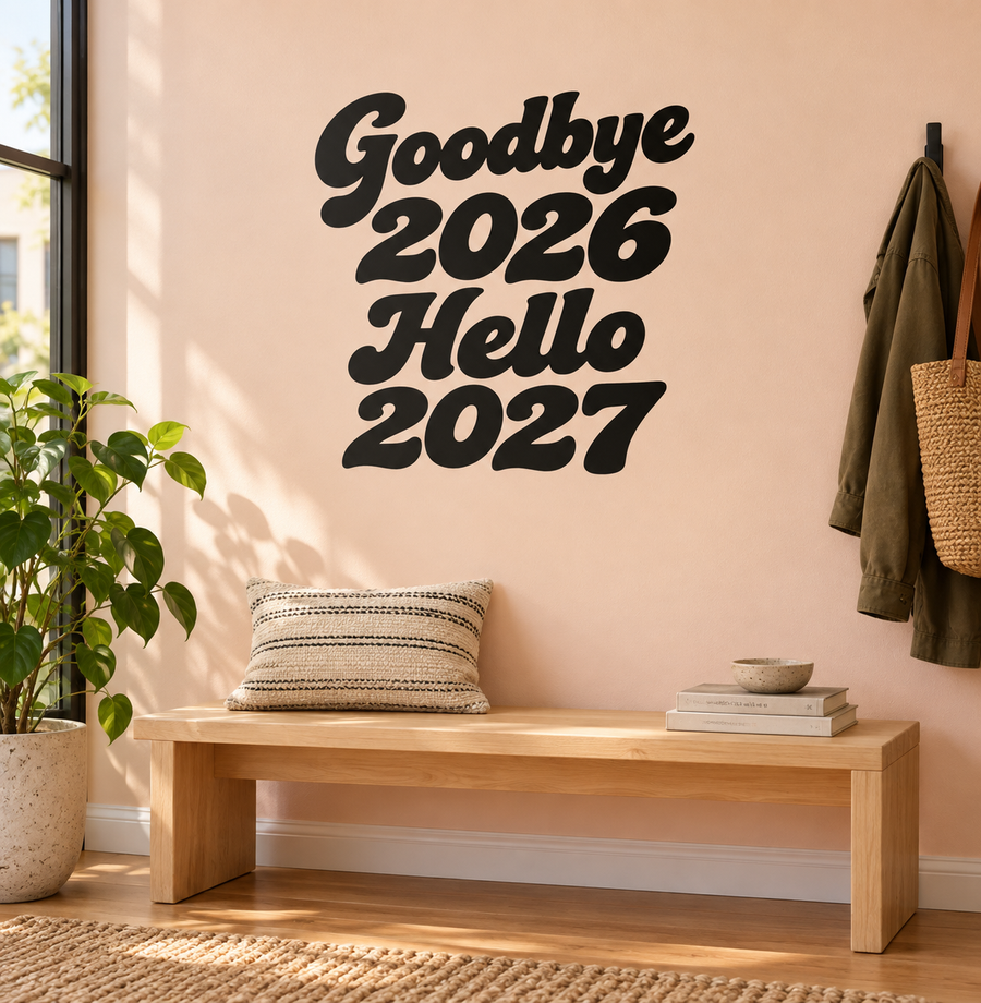 Goodbye 2026 Hello 2027 vinyl decal with black script lettering