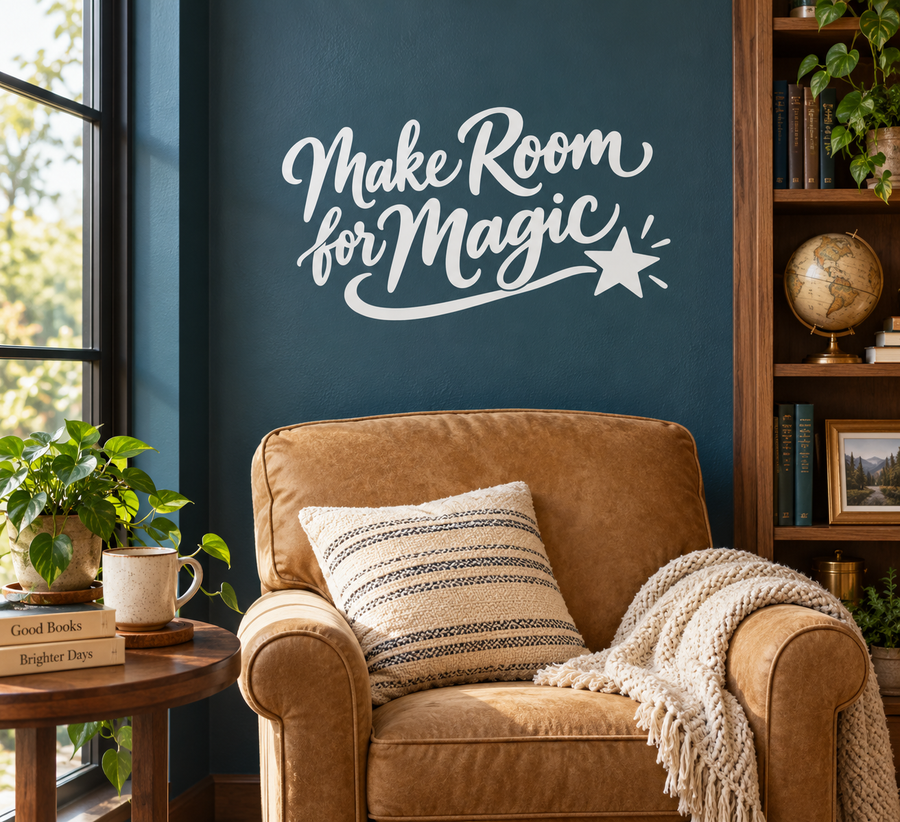 Vinyl wall decal: “Make Room for Magic” script with star