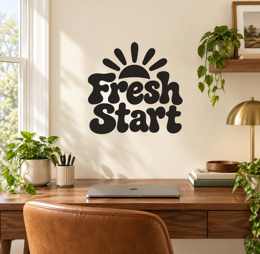 Black Fresh Start vinyl decal with sunburst graphic