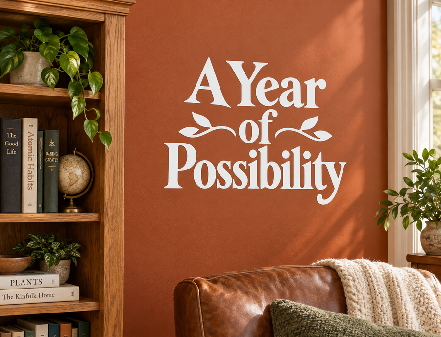Vinyl decal reading 'A Year of Possibility' with decorative leaf accents