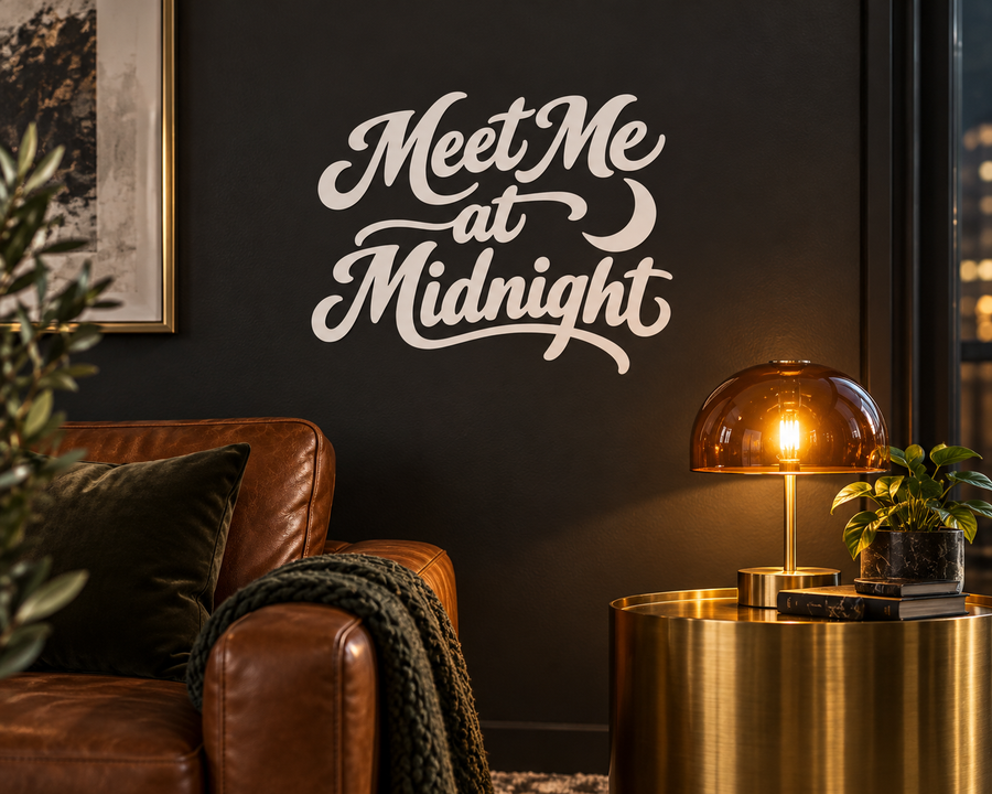 Vinyl wall decal reading “Meet Me at Midnight” in white script letters