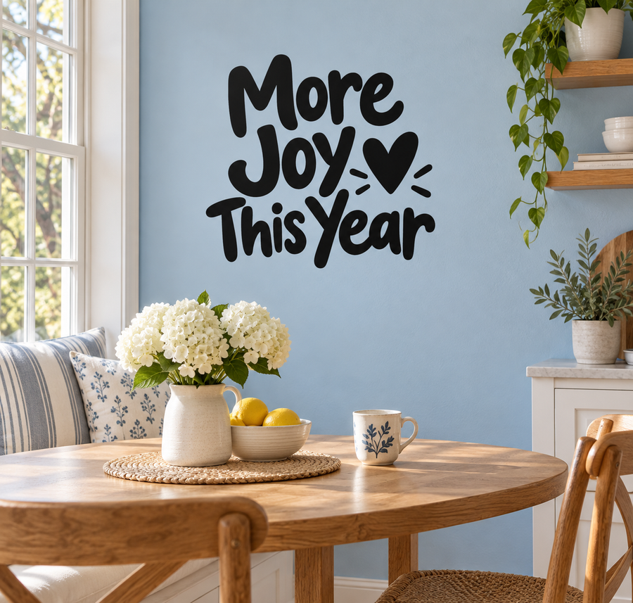 Black vinyl wall decal: 'More Joy This Year' with heart and spark accents