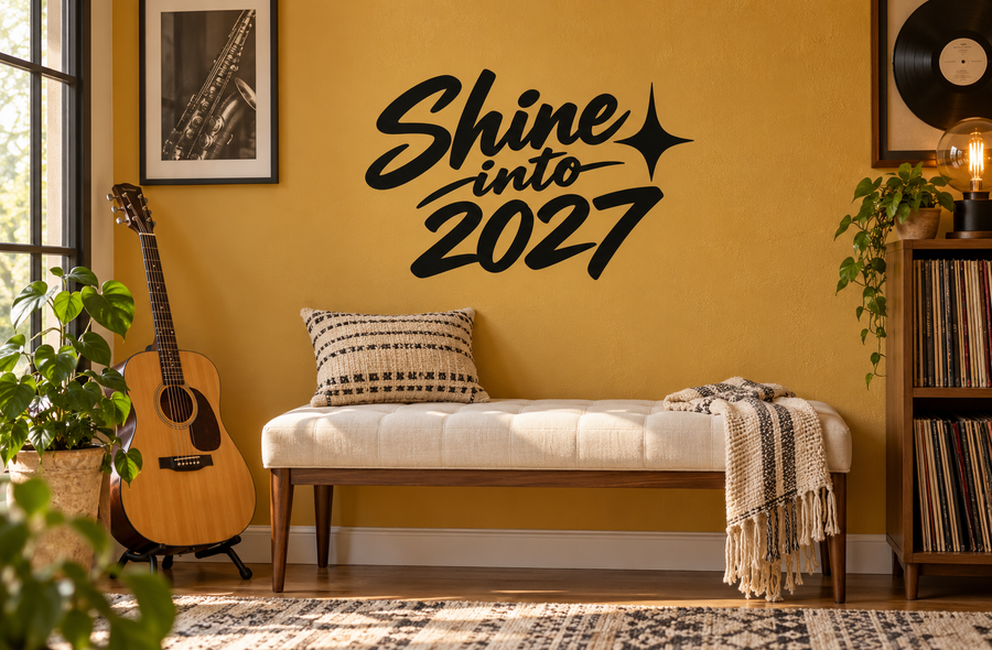 Shine into 2027 vinyl decal with star accents, black lettering