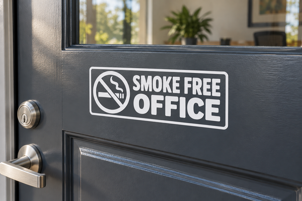 Smoke-free office vinyl decal for glass door, white sign with no-smoking icon and text