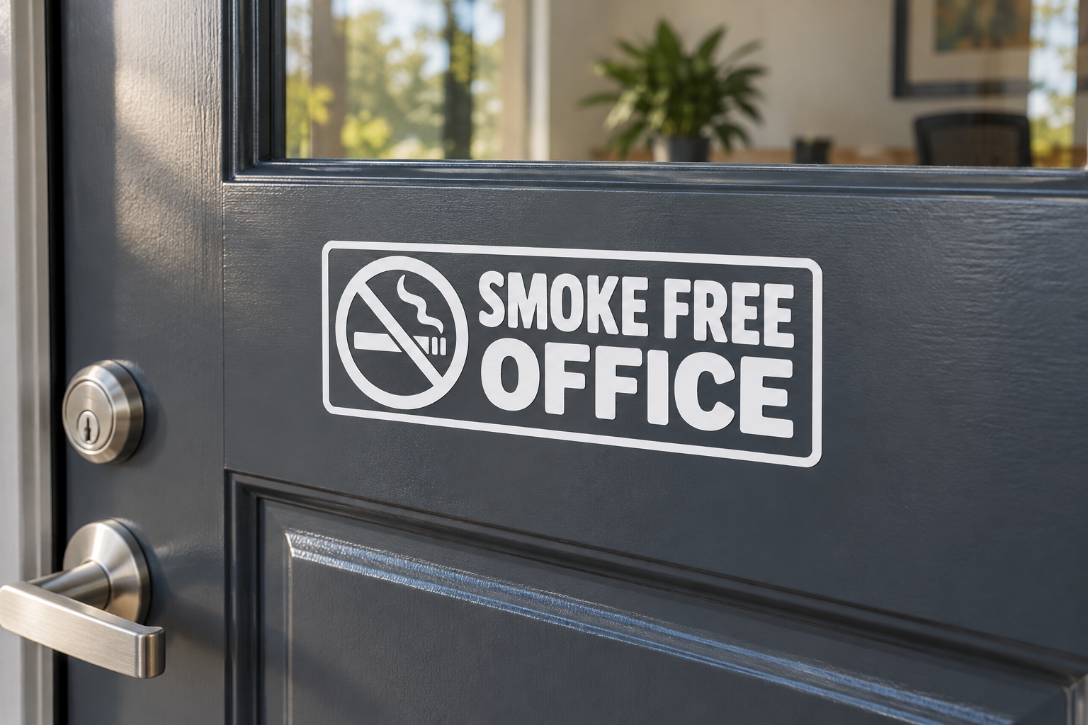 Smoke-free office vinyl decal for glass door, white sign with no-smoking icon and text