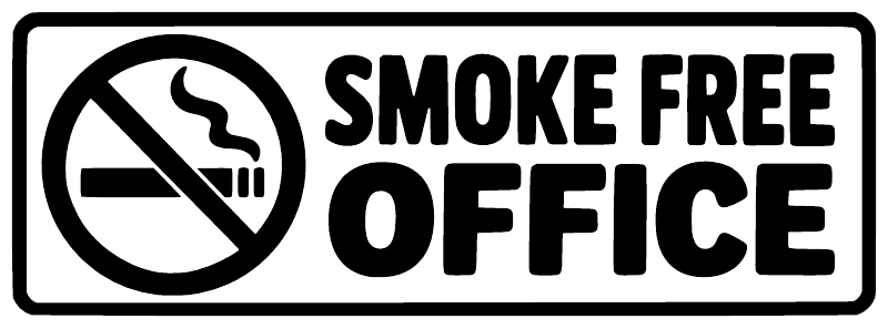 Smoke-free office vinyl decal, black no-smoking icon and text with white border