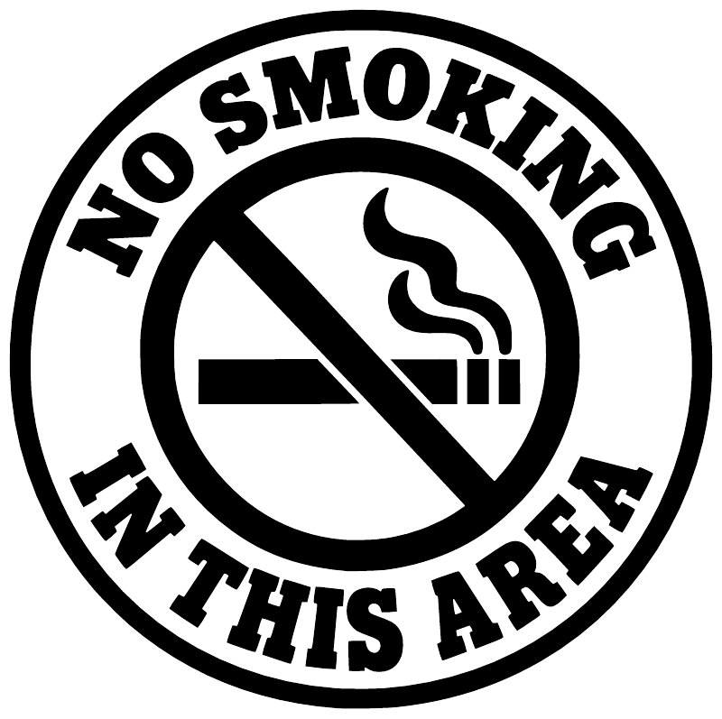 Black-and-white circular no smoking vinyl decal, cigarette icon with slash and text