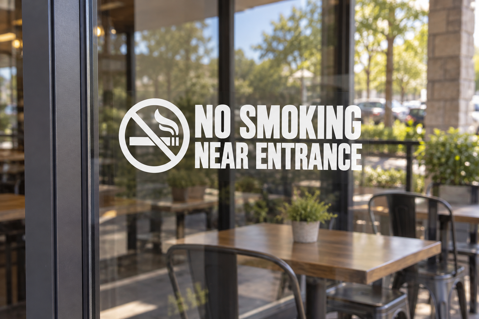 No smoking near entrance vinyl decal with no-smoking symbol and wide text