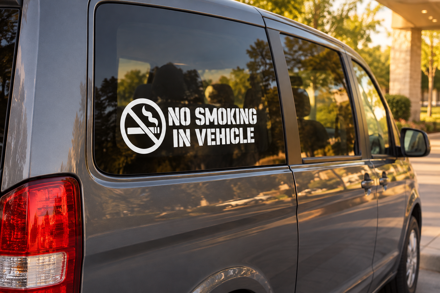 No smoking in vehicle vinyl decal on car side window, circular icon and text