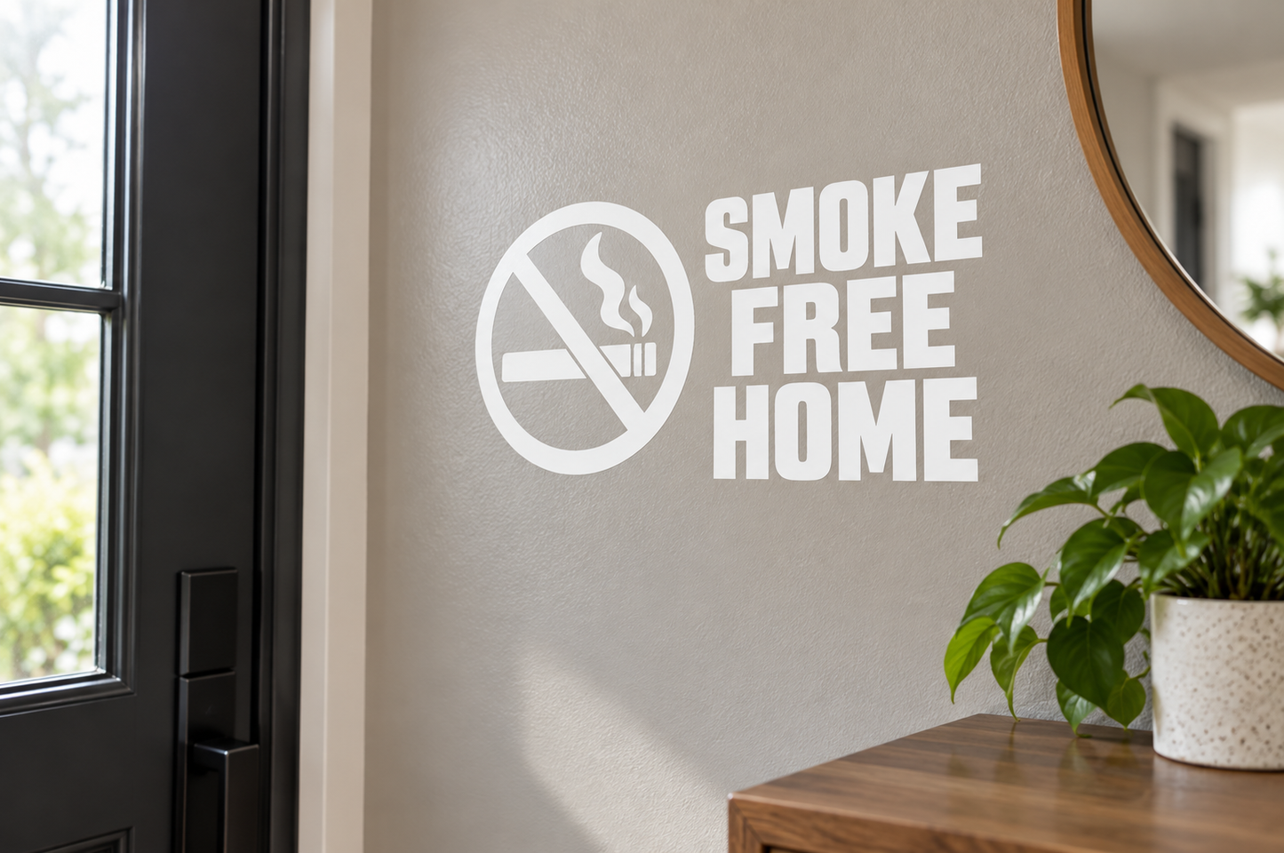 Smoke Free Home vinyl decal: round no-smoking sign with 'SMOKE FREE HOME' text