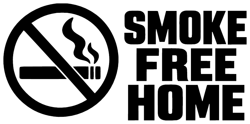 Smoke Free Home vinyl decal: black no-smoking circle icon with 'SMOKE FREE HOME' text